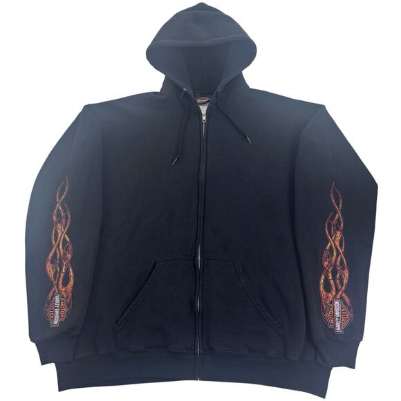 VTG 90s y2k Harley Davidson Flame Sleeve Biker Full Zip Hoodie Large Sweatshirt - Picture 1 of 7